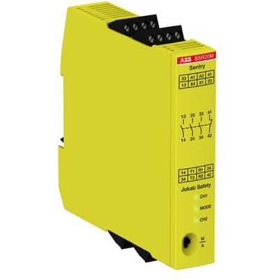 Żółte bezpieczne przekaźniki elektromagnetyczne ABB SSR20M, model Sentry, z wieloma zaciskami i diodami LED do wskazywania statusu.