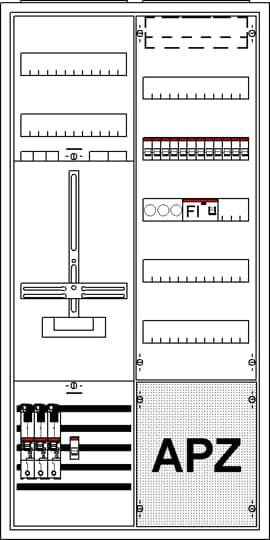 Schemat rozdzielni elektrycznej z wyłącznikami bezpiecznikowymi i napisem 'APZ'; przedstawia rozmieszczenie i pozycje poszczególnych komponentów.