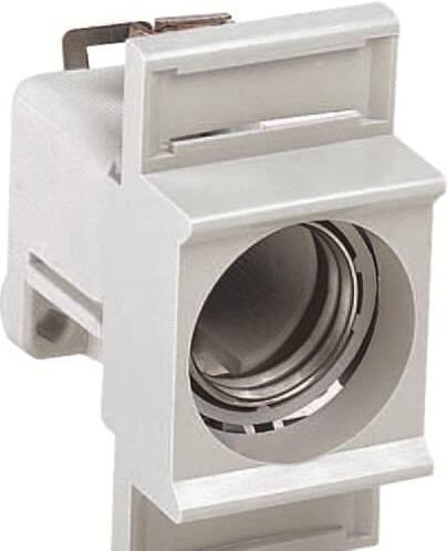 Szare elementy z tworzywa sztucznego z okrągłym otworem i stykami metalowymi. Używane do montażu w urządzeniu elektrycznym lub technicznym.