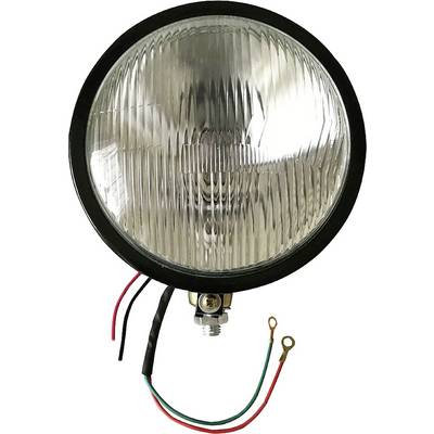 Pojedyncza okrągła lampa reflektorowa z falistą szybą, pod nią dwa przewody, jeden czerwony, jeden zielony, zakończone oczkową końcówką kablową.