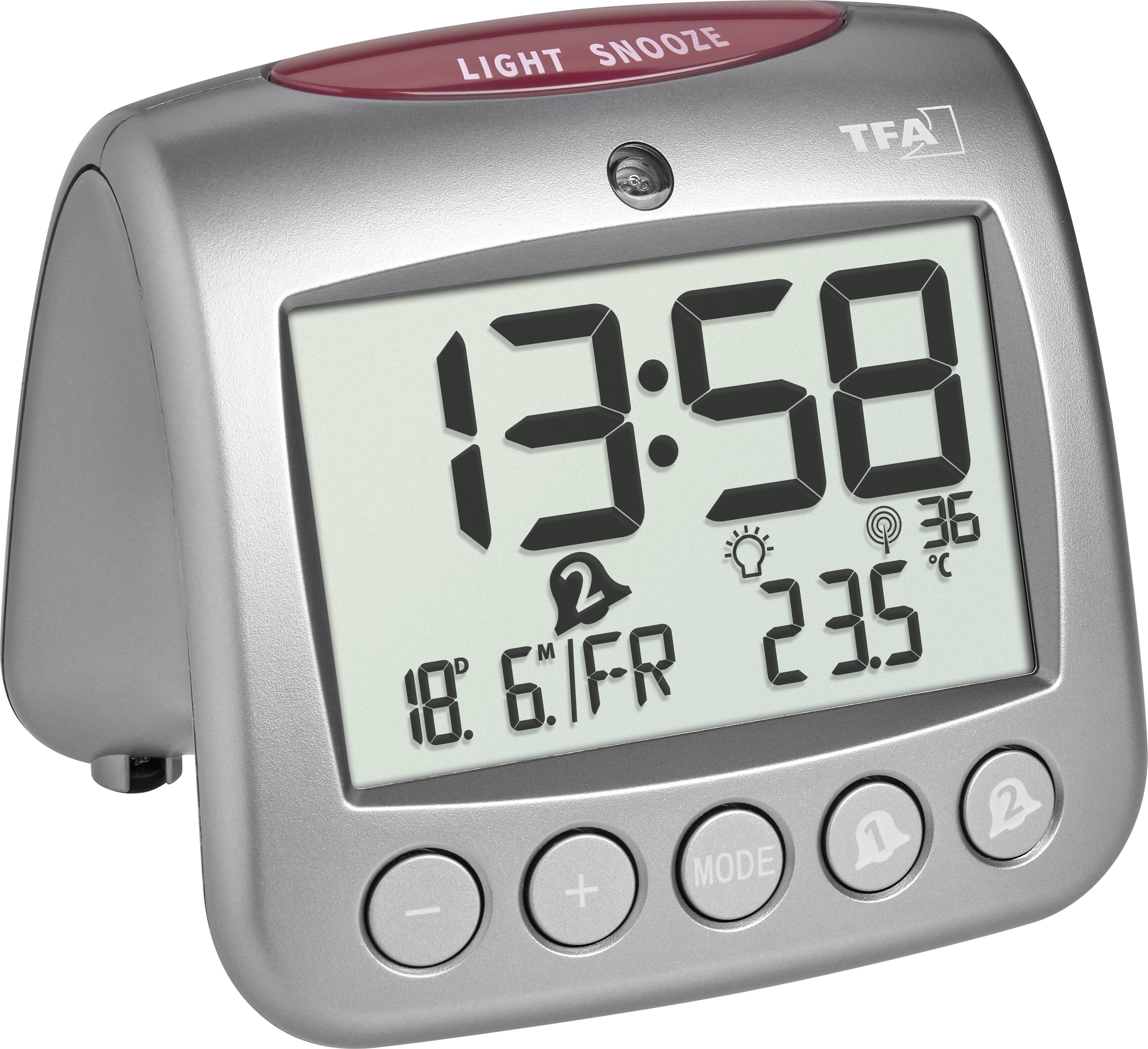 TFA Dostmann 60.2559.54 Радіокерований будильник сірого кольору Кількість будильників 2 2 часові пояси