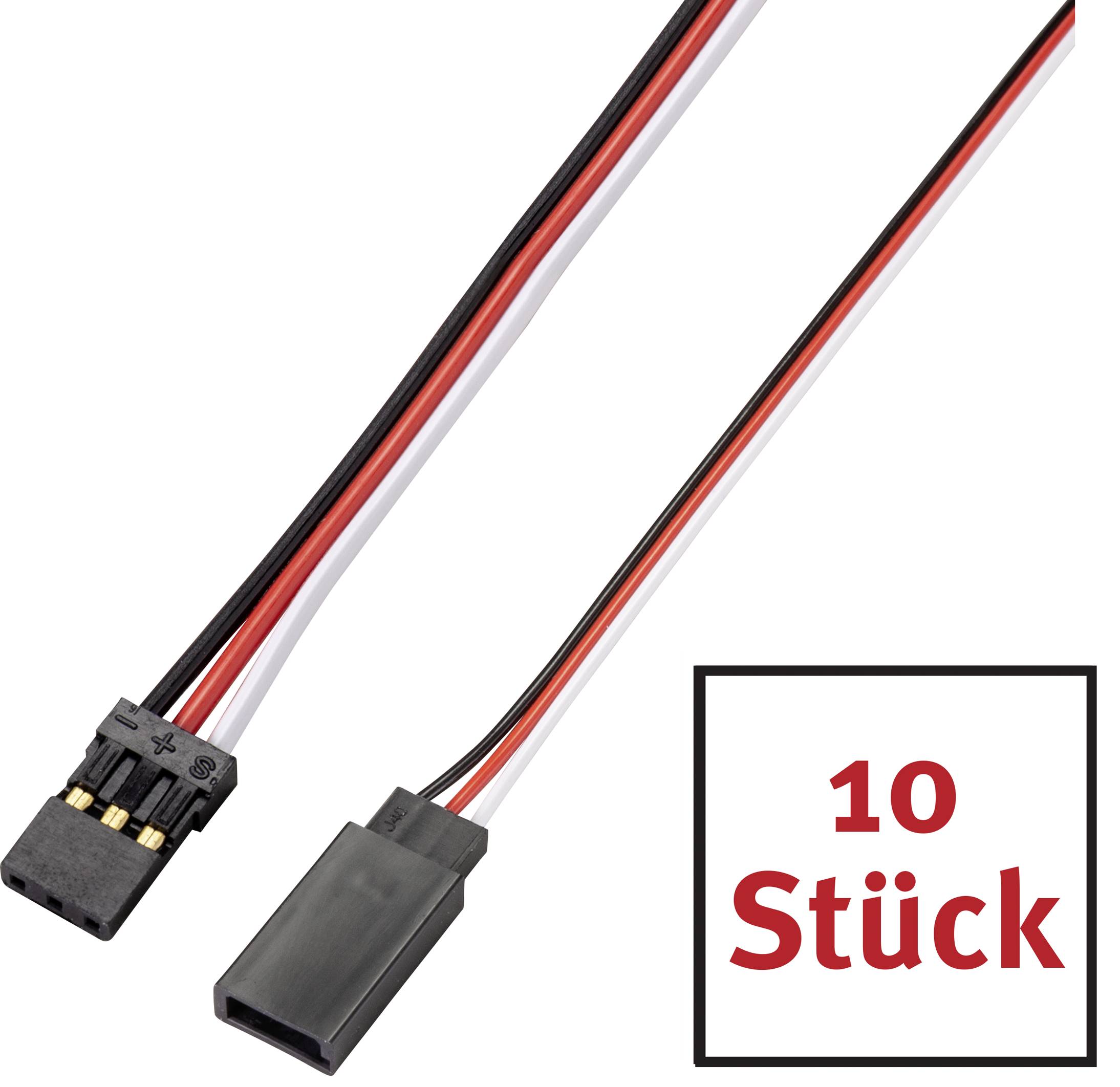 Dwa kable złączowe w kolorach czarnym, czerwonym i białym; tekst '10 sztuk' w dolnym prawym rogu wskazuje ilość.