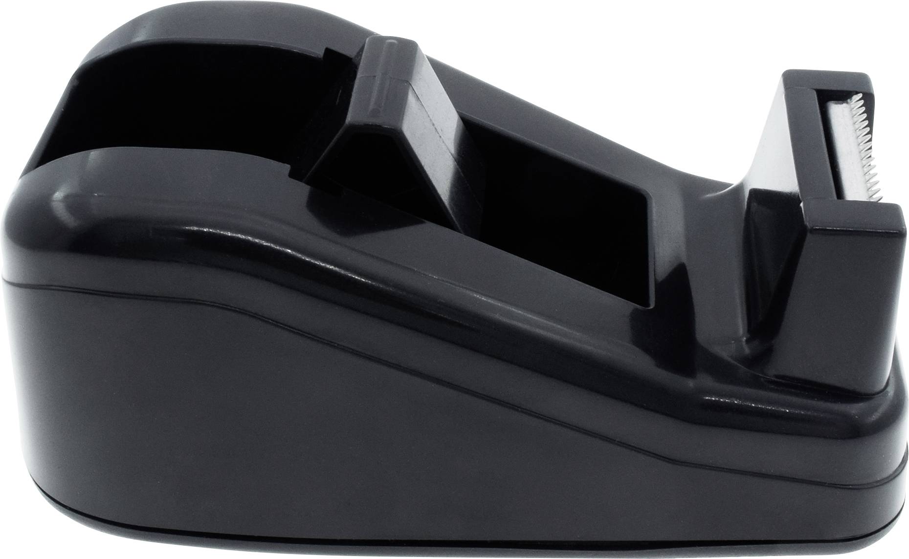 Czarny dyspenser do taśmy klejącej z błyszczącą powierzchnią, widziany z boku, wygląda solidnie, odpowiedni do użytku biurowego.