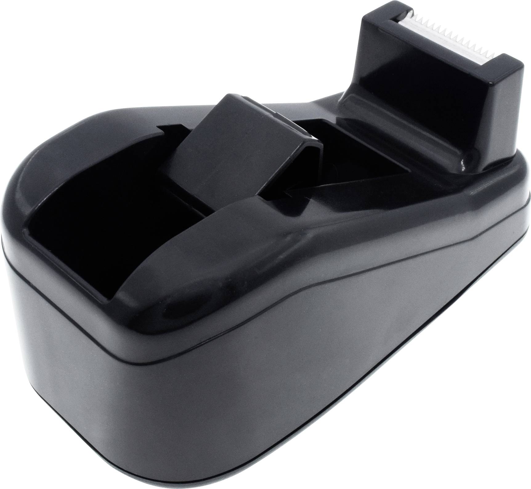 Czarna obcinarka do taśmy klejącej z jednym gniazdem na rolkę taśmy i metalowym ostrzem tnącym z przodu.