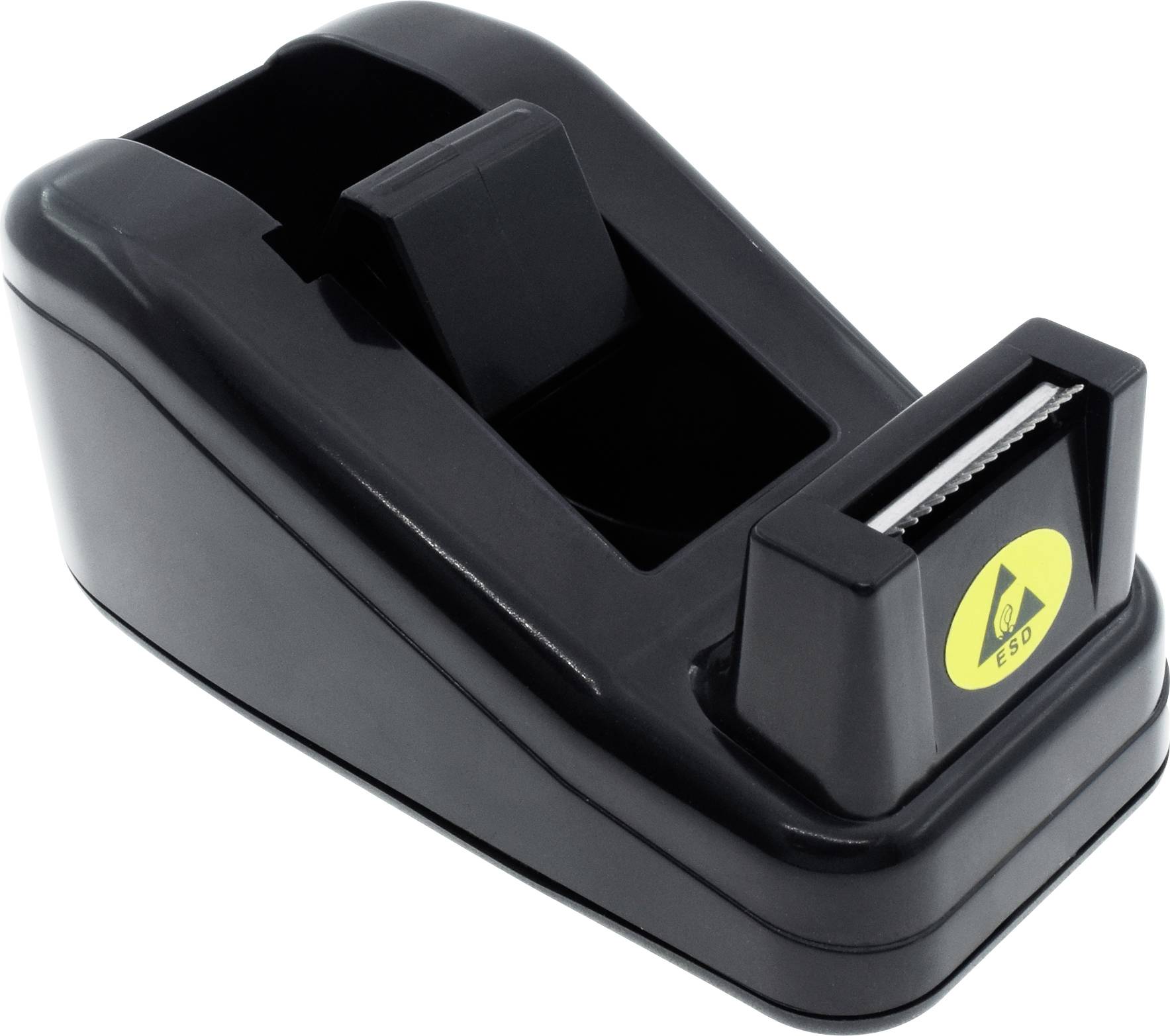 Czarna podajka do taśmy klejącej z żółtym symbolem z przodu.