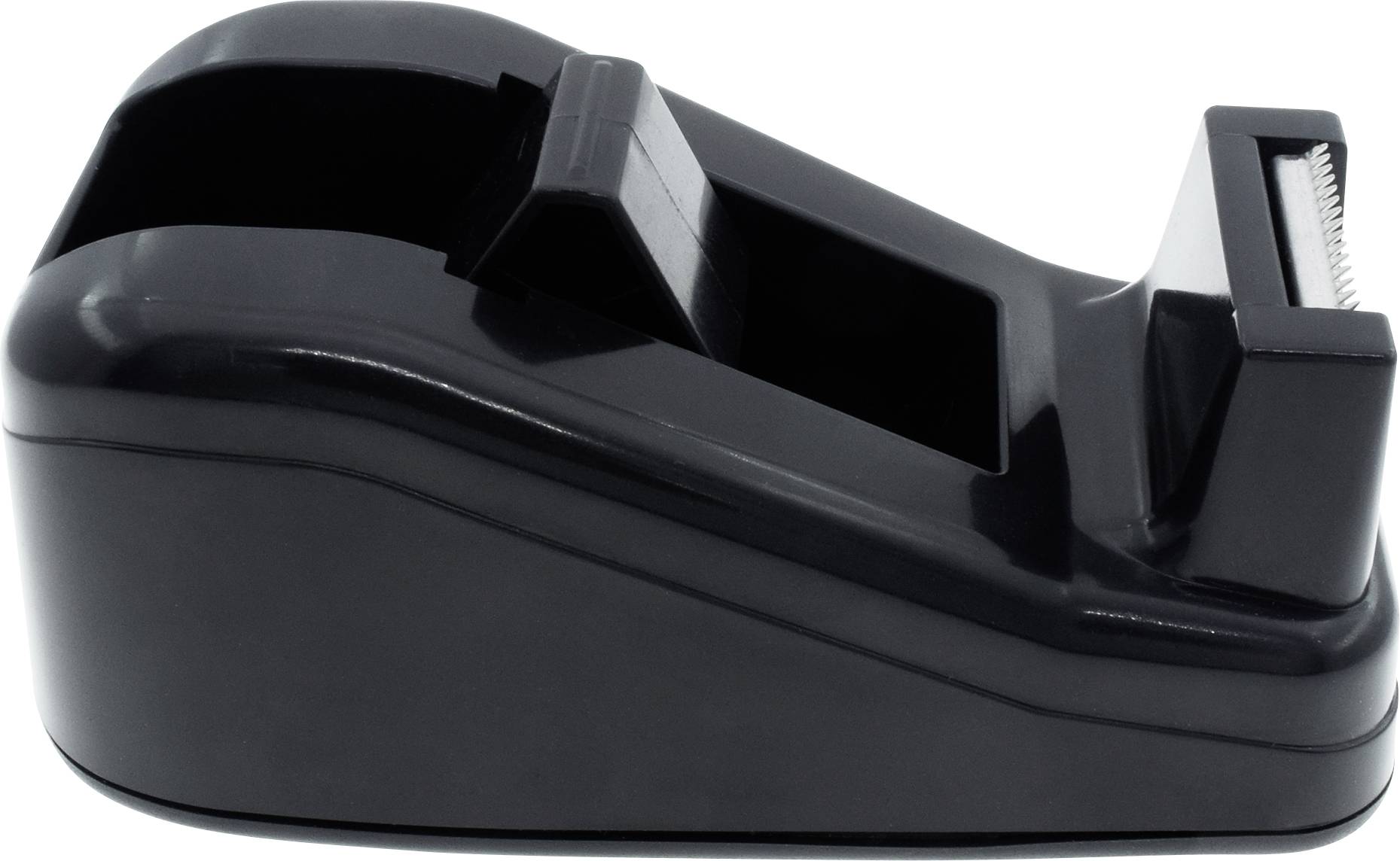 Czarna podajnik do taśmy klejącej, który umożliwia łatwe cięcie i rozwijanie. Idealny do użytku biurowego i domowego.