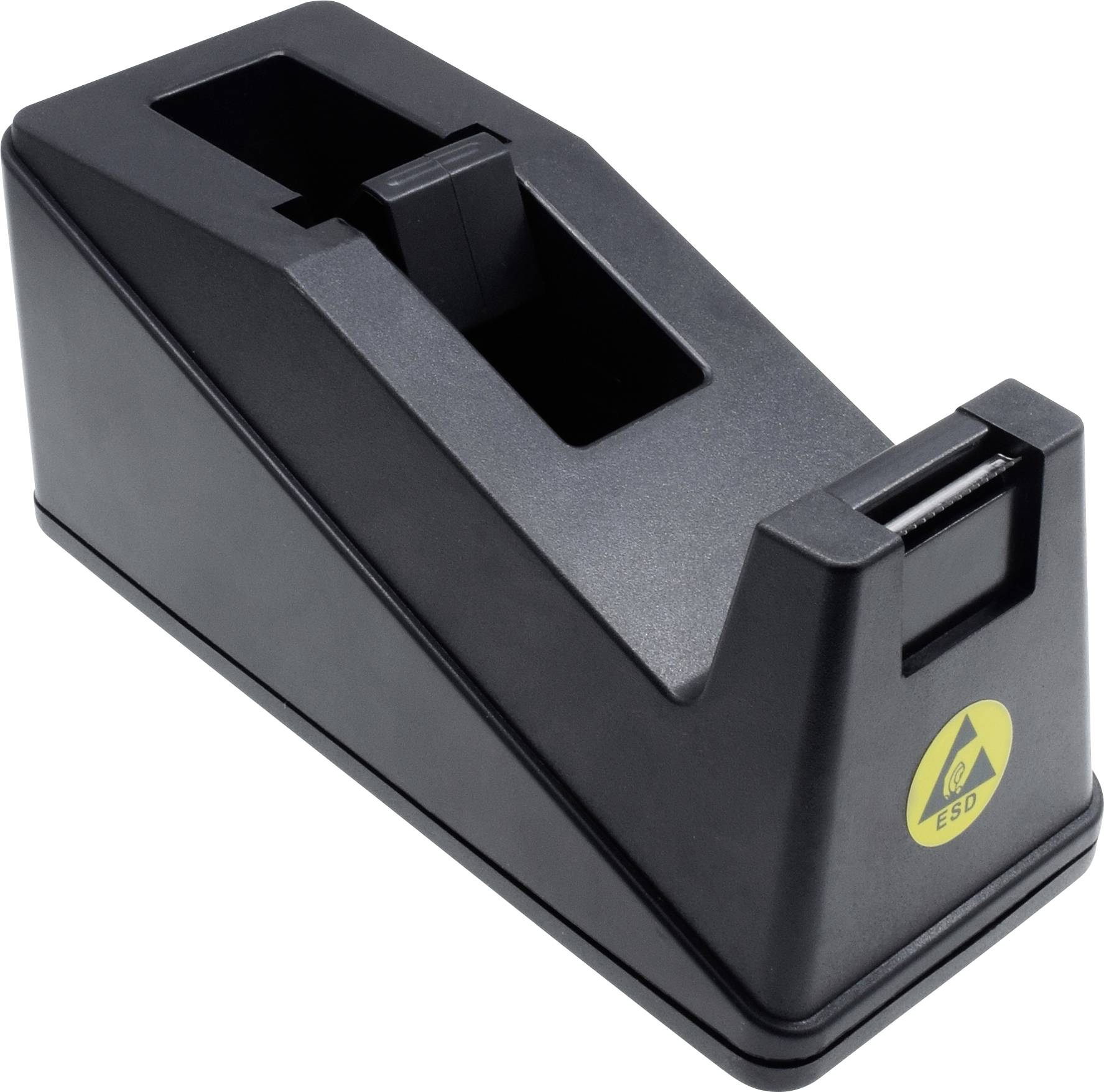 Czarny dyspenser do taśmy z logo ESD z boku; odpowiedni do użycia w środowiskach wrażliwych elektrostatycznie.