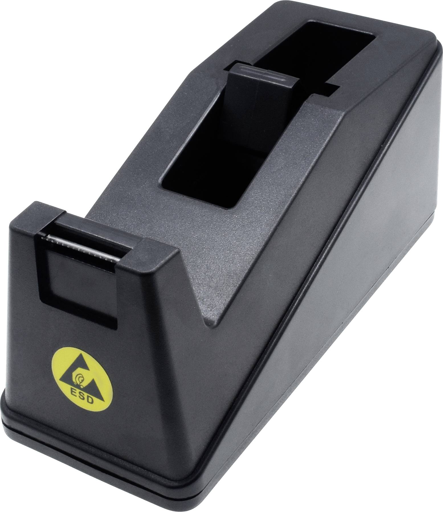 Czarny dyspenser do taśmy samoprzylepnej z symbolem ESD, wskazujący kompatybilność z obszarami wrażliwymi elektrostatycznie.
