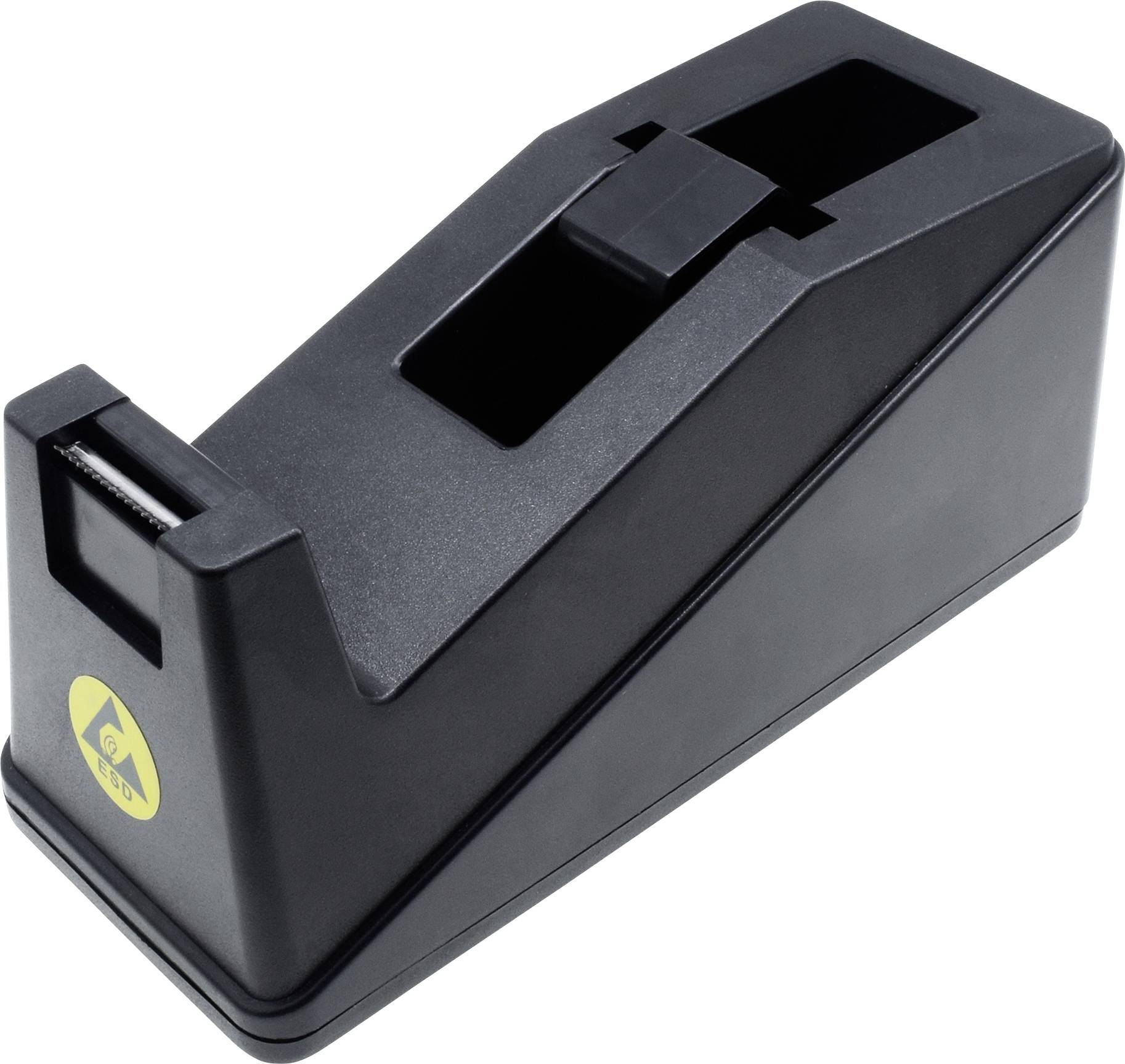 Czarna plastikowa rolka do taśmy klejącej z żółtym symbolem ostrzegawczym z boku.