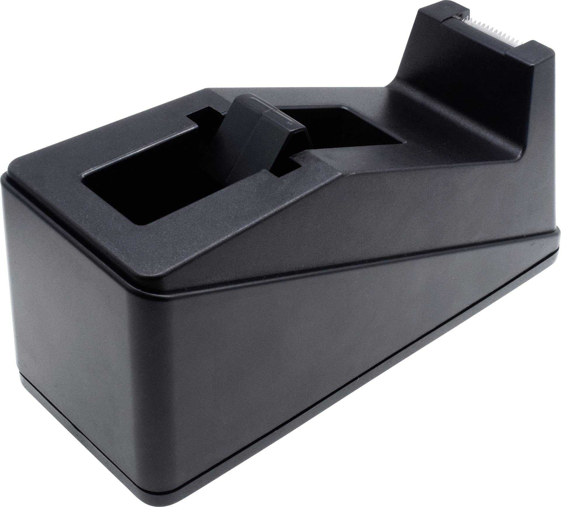 Czarny dyspenser do taśmy klejącej z wbudowanym ostrzem tnącym, stojący na białej powierzchni.