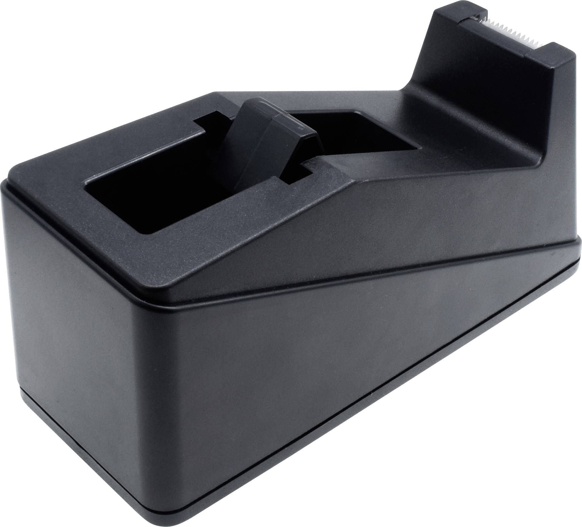 Czarna obcinarka do taśmy klejącej z wbudowanym ostrzem do przycinania taśmy.