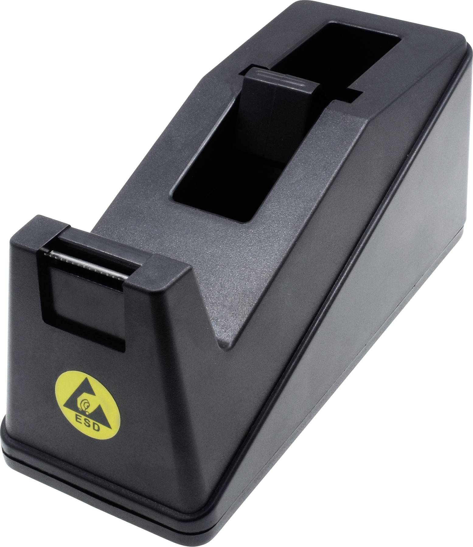 Czarny dyspenser do taśmy klejącej z symbolem ESD z przodu, który zapobiega wyładowaniom elektrostatycznym.