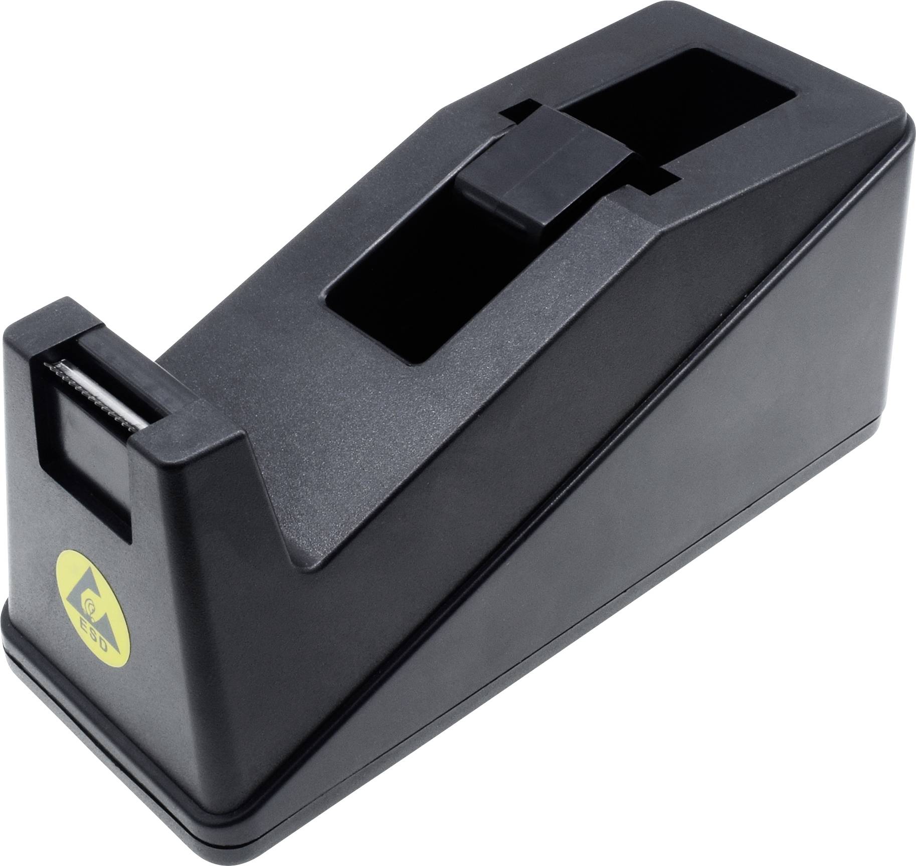 Czarna podajarka do taśmy klejącej z żółtym symbolem ESD z boku, na białym tle.