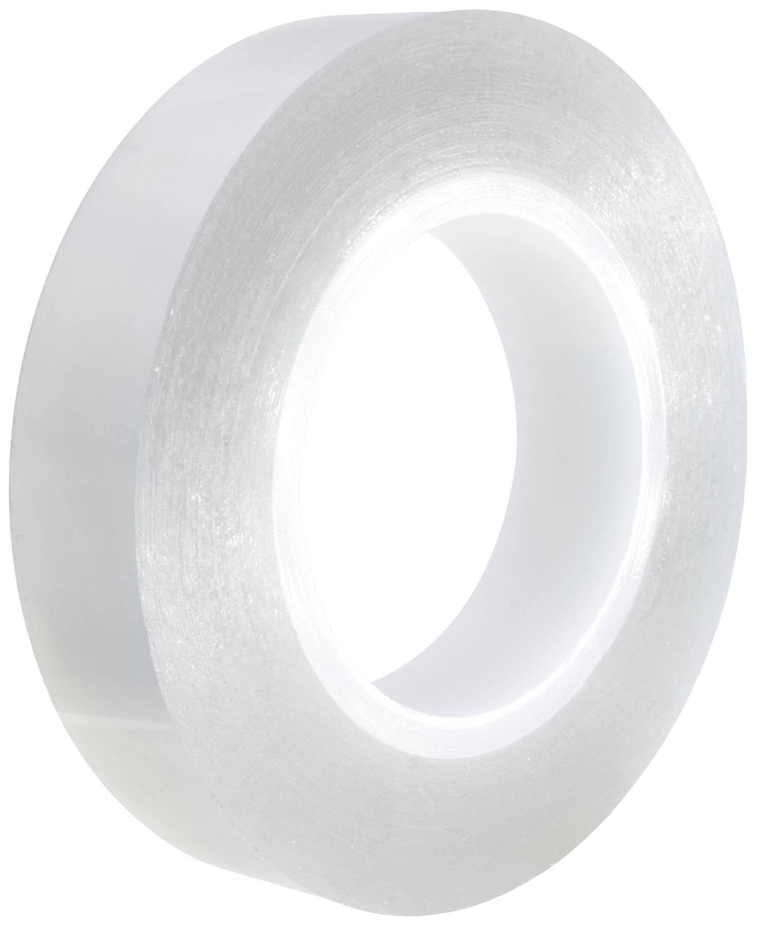 Przezroczysta rolka taśmy klejącej, błyszcząca, na białym tle.