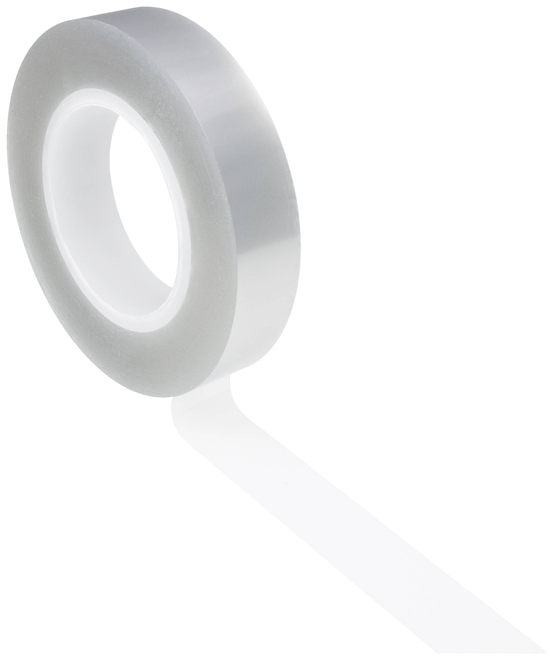 Rolka przezroczystej taśmy klejącej na białym tle. Rolka jest częściowo rozwinięta, a taśma zwisa w dół.