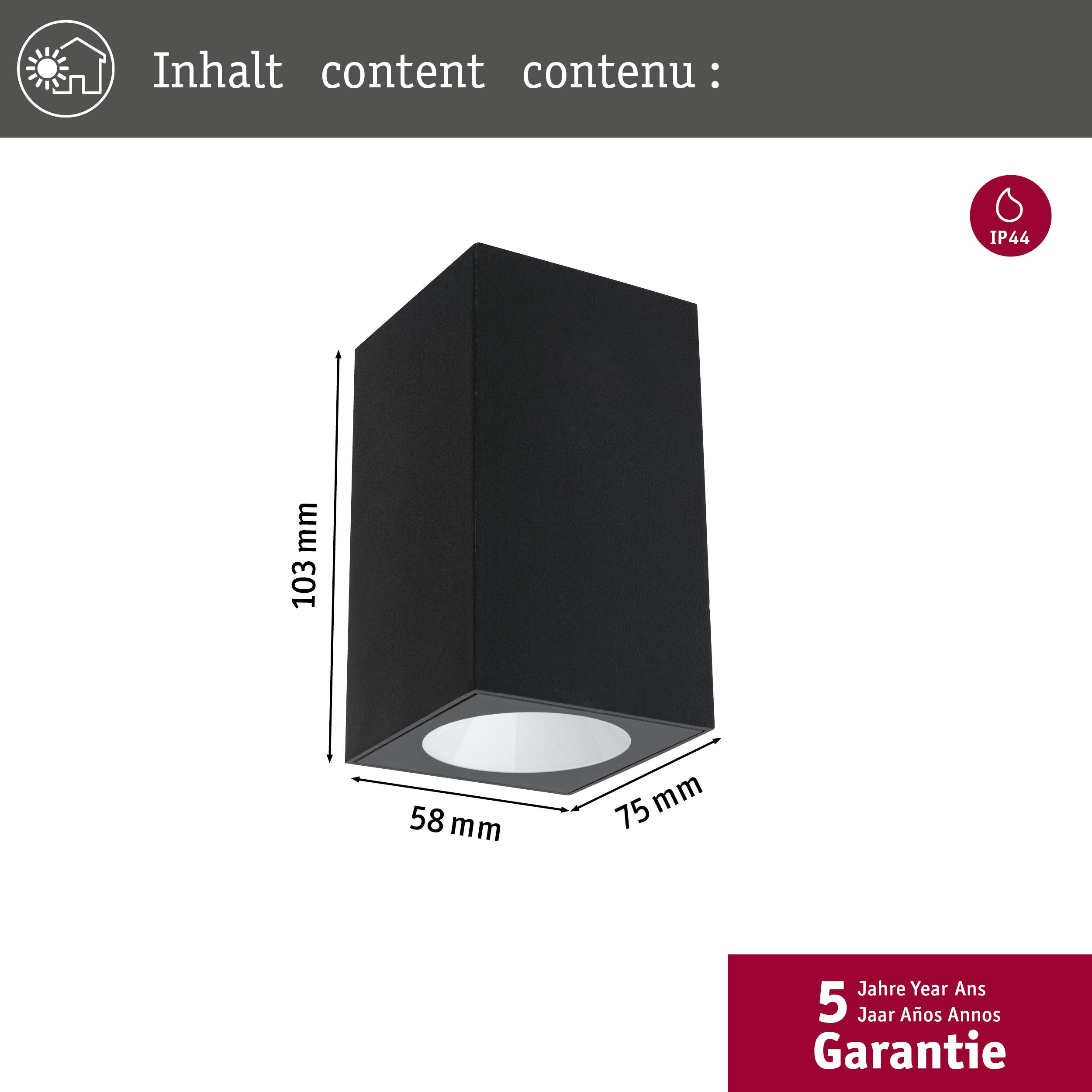 Czarna, sześcienna lampa sufitowa o wymiarach 103x58x75 mm. Posiada 5-letnią gwarancję i jest certyfikowana w stopniu ochrony IP44.