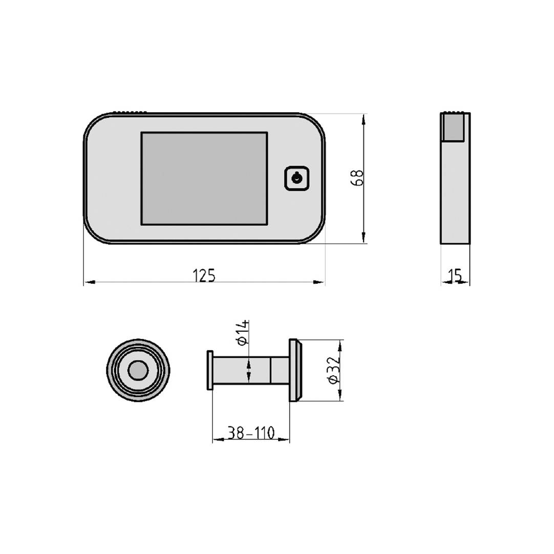 Ilustracja cyfrowego wizjera drzwiowego. Wymiary: wysokość 68 mm, szerokość 125 mm, grubość 15 mm. Ekran i kamera na przedniej stronie.