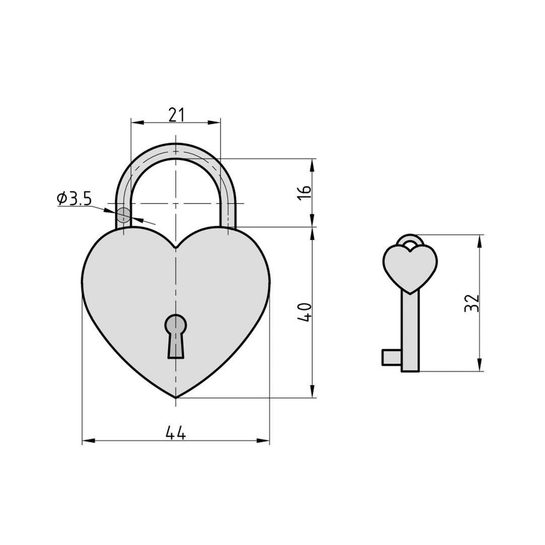 Rysunek techniczny serduszkowatego zamka z wymiarami: szerokość 44, wysokość 40; klucz obok, wysokość 32.