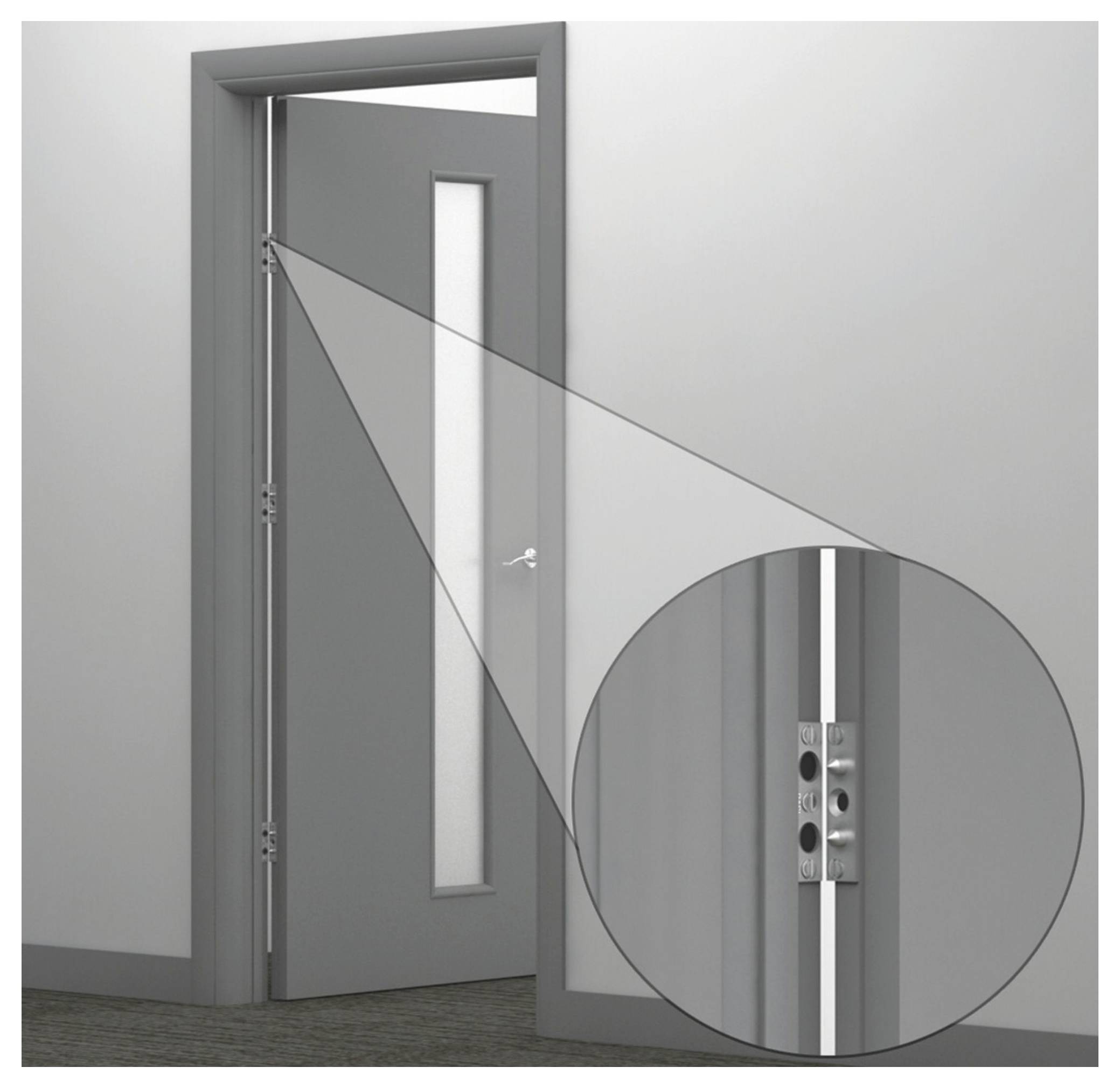 Szare drzwi są lekko uchylone, ukazujące mechanizm z powiększonym widokiem szczegółów zawiasów, podkreślającym bezpieczny projekt drzwi.