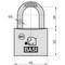 Kłódka BASI, model 611, z logo słonia, o następujących wymiarach: wysokość 33, średnica zaczepu 6, całkowita szerokość 40 milimetrów.
