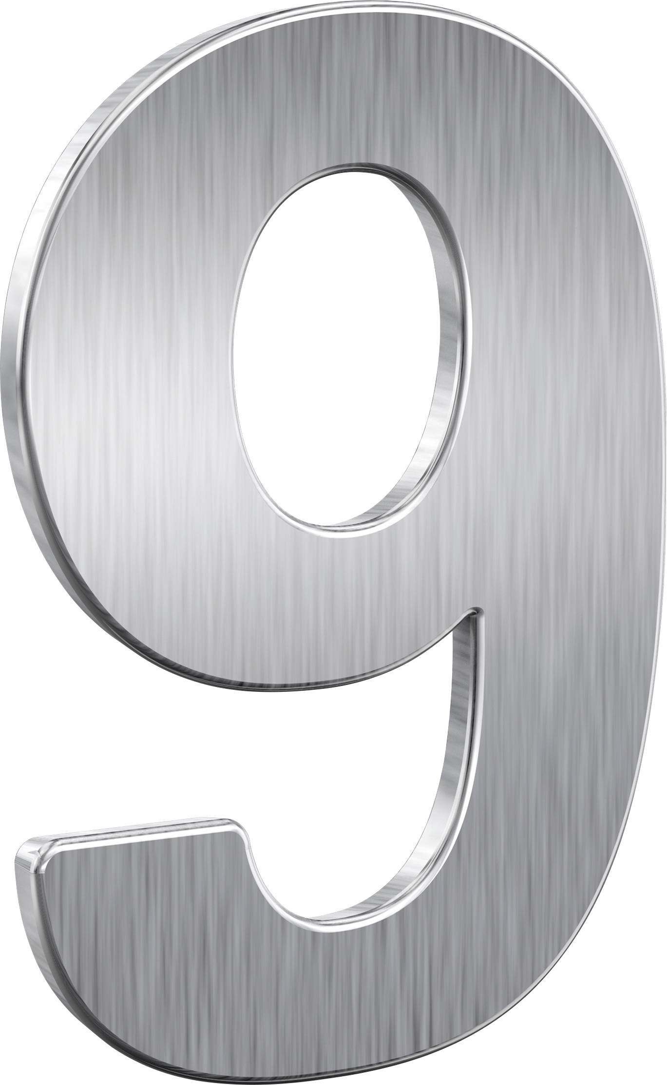 Metalowa liczba 9 w kolorze srebrnym, z matową, szczotkowaną powierzchnią.