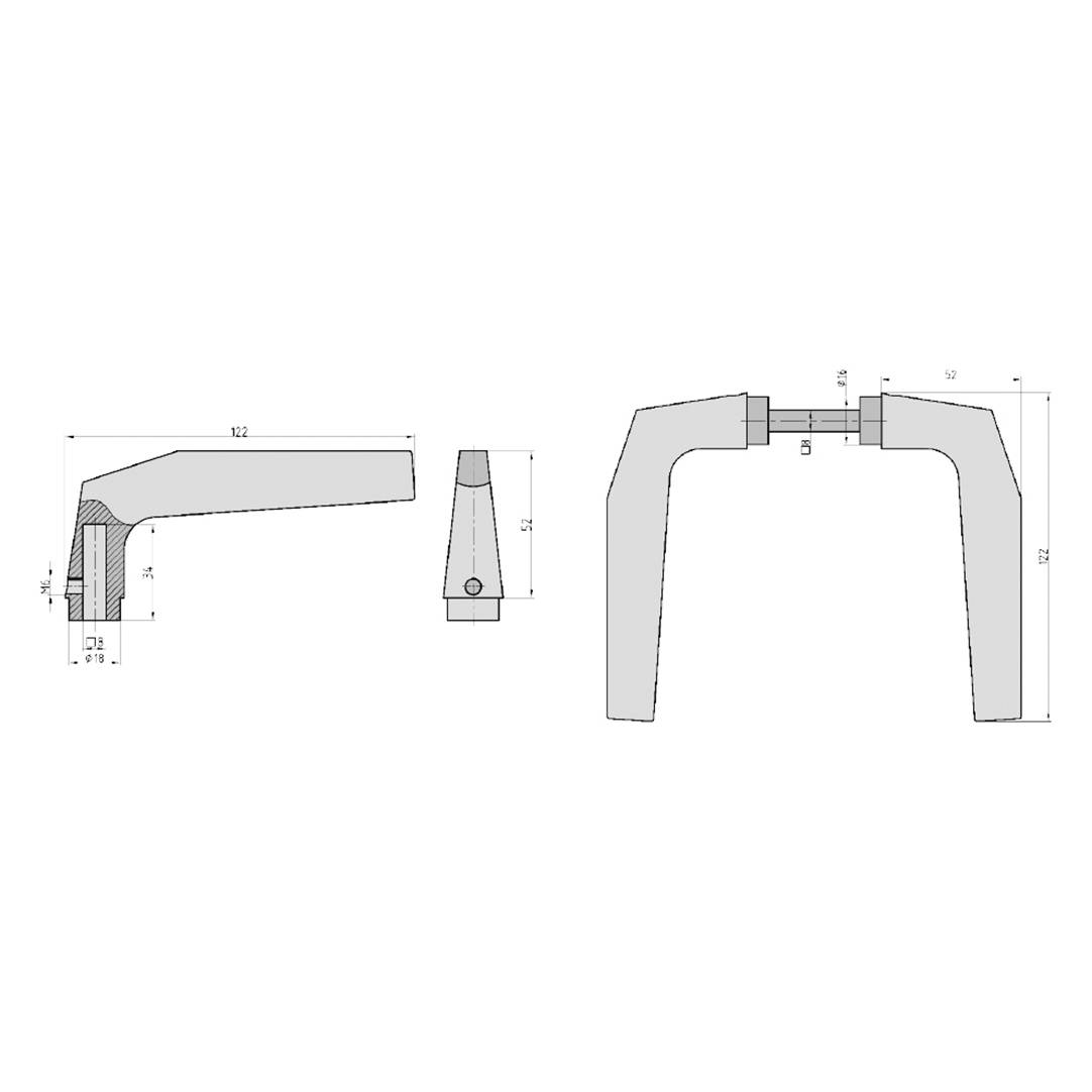 Rysunek techniczny elementu z jednostkami miary. Widok trójpłaszczyznowy przedstawia widok z boku, z przodu i z góry obiektu.