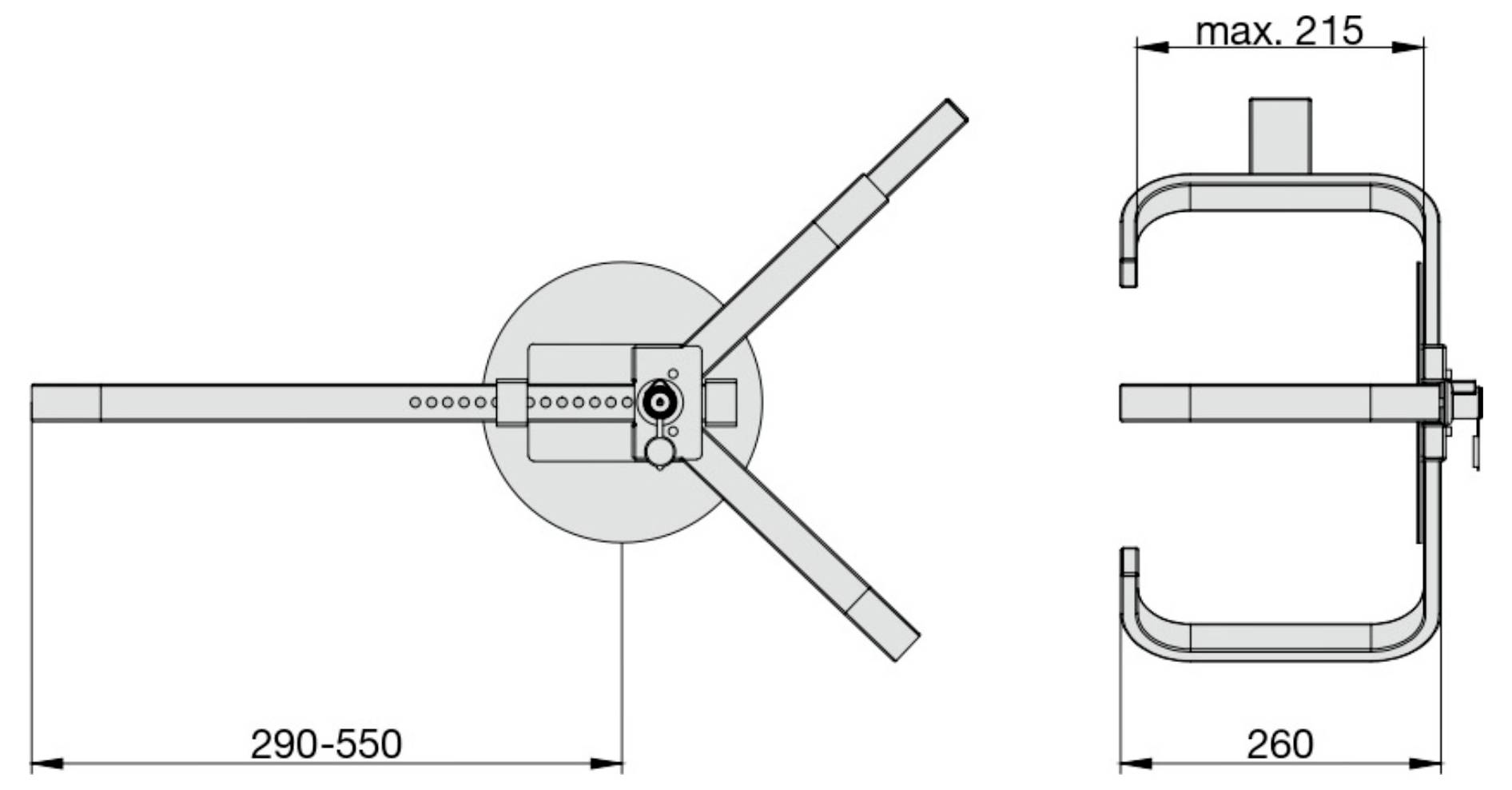 Wymiary widoku z góry krzesła: szerokość regulowana od 290-550 mm, głębokość 260 mm, maksymalna wysokość 215 mm.