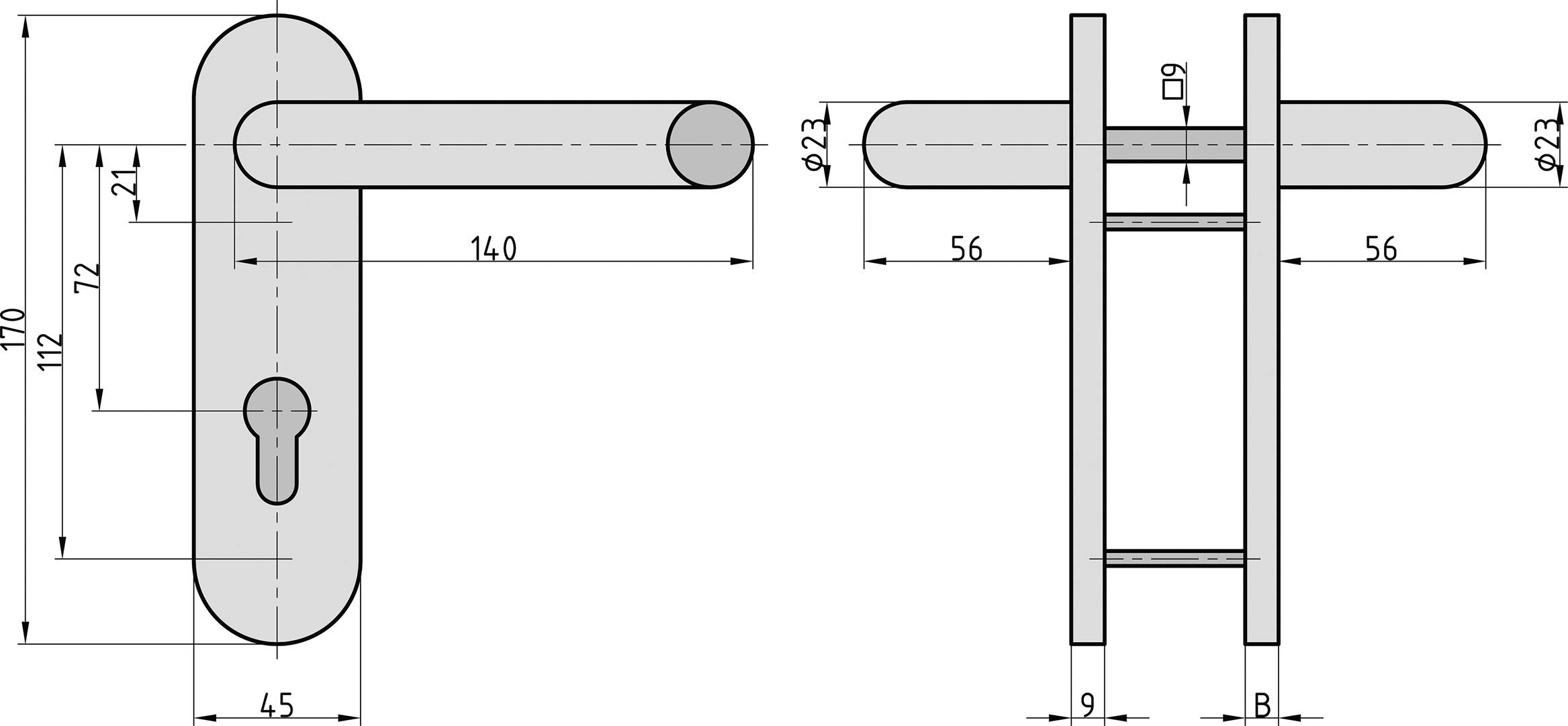 Rysunek techniczny klamki z wymiarowaniem. Widok z przodu i z boku. Podane wymiary długości, szerokości i średnicy.