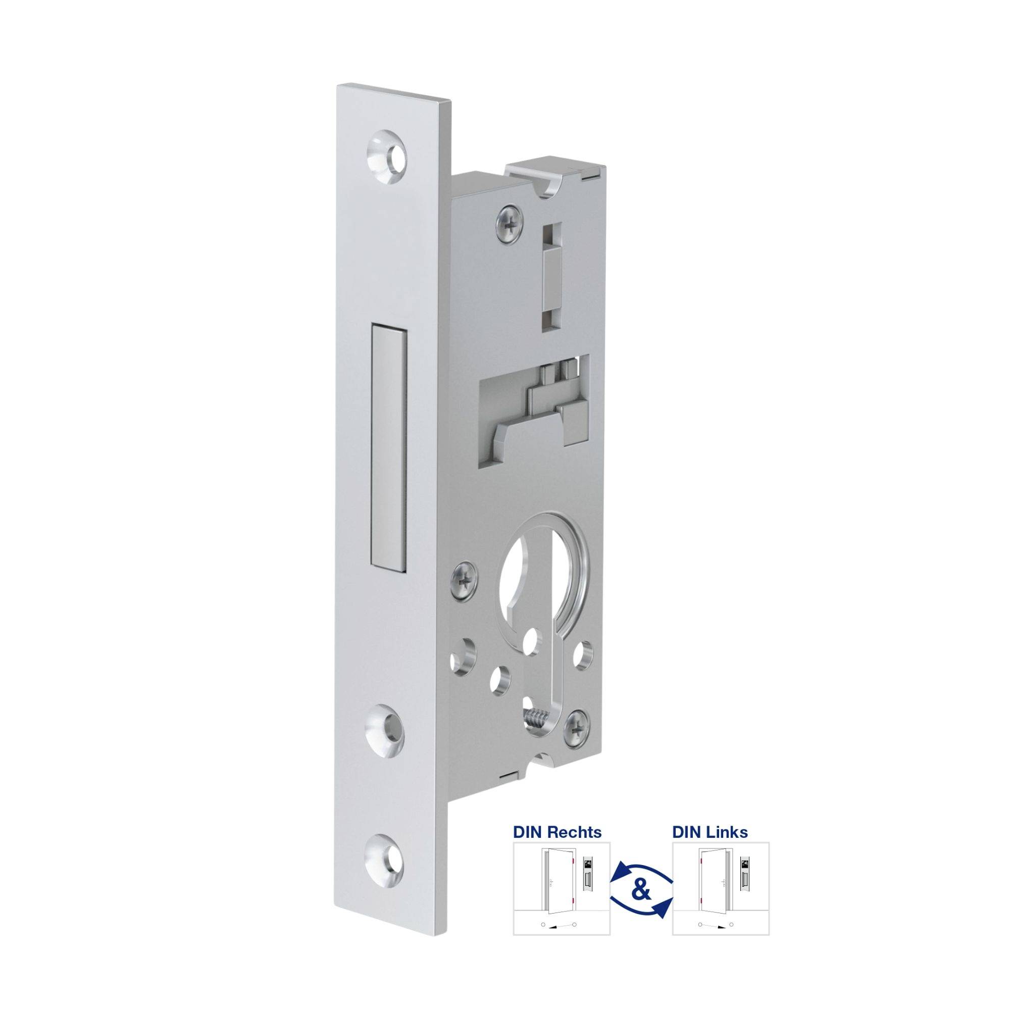 Zamek wkładany do drzwi, kompatybilny z DIN prawo i DIN lewo, w kolorze srebrnym. Pokazuje widok z przodu ze szczegółami zamka.