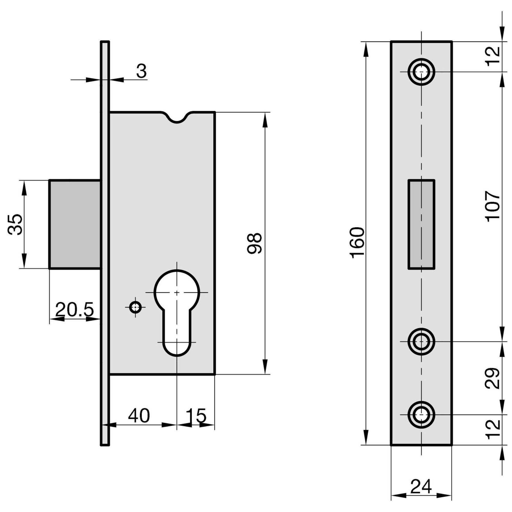 Rysunek techniczny zamka z wymiarami: szerokość 35 mm, wysokość 98 mm, głębokość montażu 20 mm. Lewa strona przedstawia wycięcie pod zamek, prawa strona - widok z przodu.