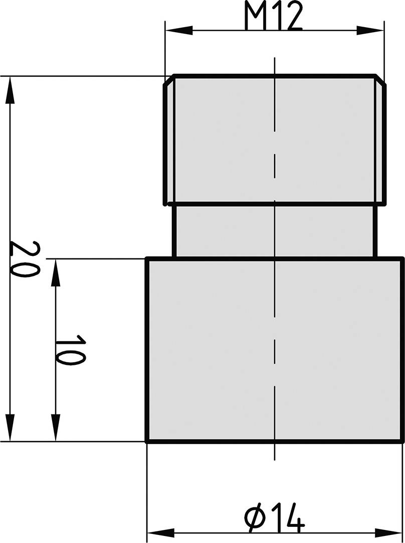 Rysunek techniczny elementu cylindrycznego z gwintem M12, o średnicy zewnętrznej 14 mm i całkowitej wysokości 30 mm.