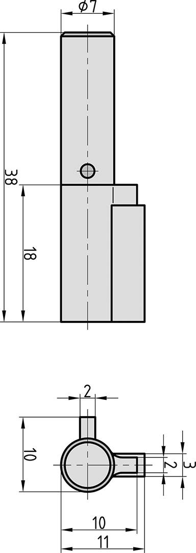 Rysunek techniczny części cylindrycznej z otworem. Wymiary: długość całkowita 38, średnica 7, pozycja otworu na 18.