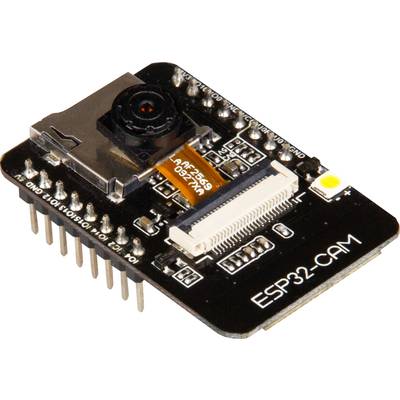 Moduł ESP32-CAM z kamerą. Posiada sloty pinów do podłączenia oraz obiektyw do wykonywania zdjęć. Nadrukowany tekst 'ESP32-CAM'.
