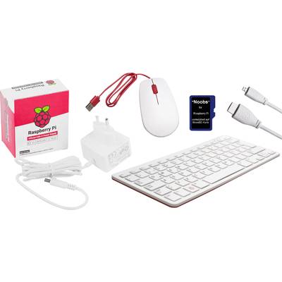 Zestaw startowy Raspberry Pi z klawiaturą, myszą, kablem USB, zasilaczem sieciowym i kartą mikroSD. Idealny do projektów komputerowych.