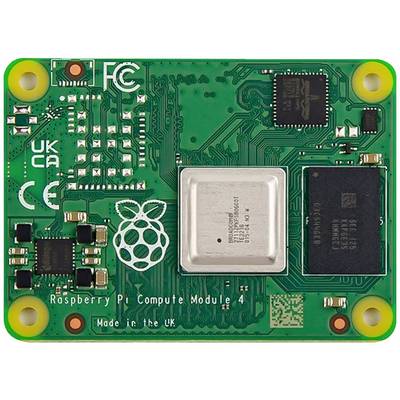 Moduł Obliczeniowy Raspberry Pi 4; zielona płytka drukowana z białymi złączami i srebrnym chipem; logo i napis 'Made in the UK'.