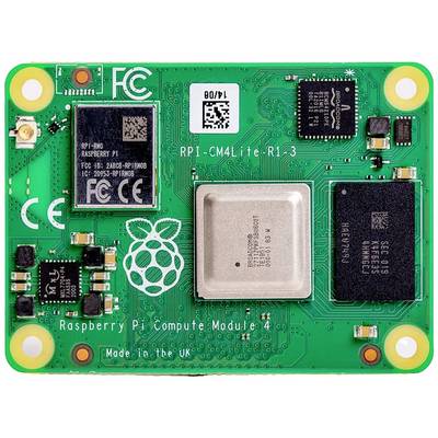Moduł Obliczeniowy Raspberry Pi 4 na zielonej płytce drukowanej z procesorem głównym i chipami pamięci, logo i oznaczenie widoczne u góry.