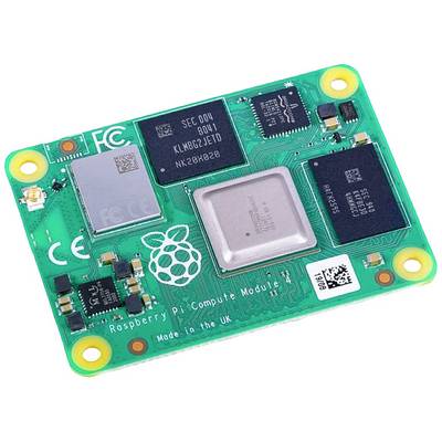 Zielona płytka Raspberry Pi Compute Module z wieloma chipami i logo Raspberry Pi, oznaczona napisem „Made in the UK".