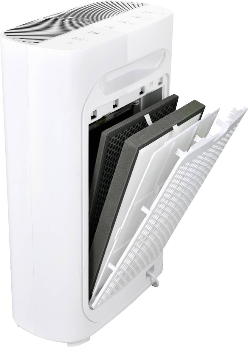 Oczyszczacz powietrza z otwartymi pokrywami filtrów; przedstawia kilka wkładów filtracyjnych używanych do oczyszczania powietrza w pomieszczeniach.