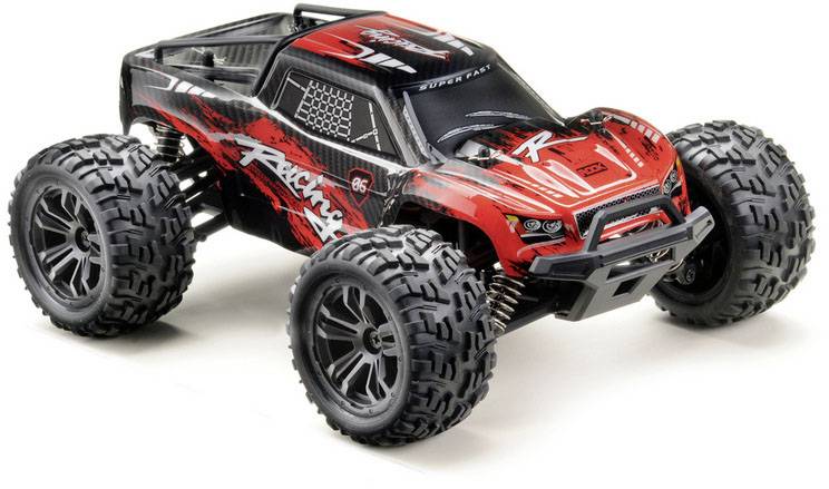 Zdalnie sterowany samochód z dużą oponą terenową, w czarno-czerwonym designie, stoi gotowy do jazdy na gładkiej powierzchni.