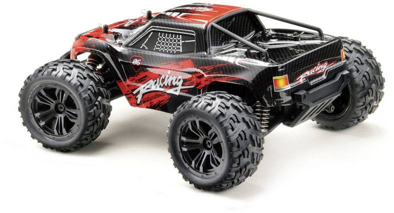 Zdalnie sterowany samochód z dużymi oponami o wyrazistym bieżniku, w kolorach czerwonym i czarnym. Projekt wyróżnia dynamiczny wzór pasów wyścigowych.