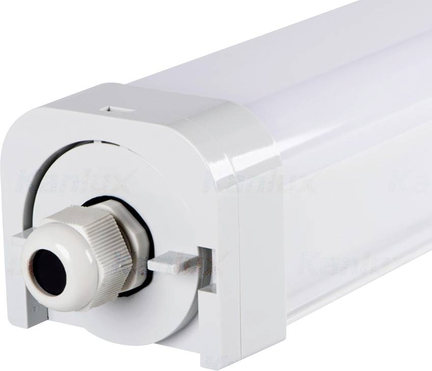 Biała listwa LED w obudowie z tworzywa sztucznego z możliwością podłączenia, widok z boku.