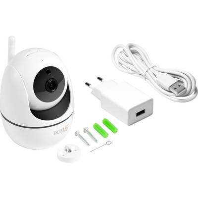 Biała kamera monitorująca z wtyczką sieciową, kablem USB, płytką montażową i akcesoriami. Idealna do nadzoru wewnętrznego.