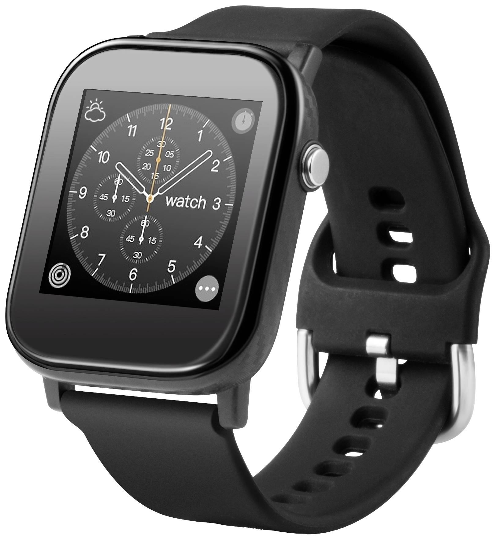 Smartwatch z czarnym paskiem, wyświetlająca analogowy czas za pomocą trzech wskazówek oraz dodatkowych symboli na ekranie.