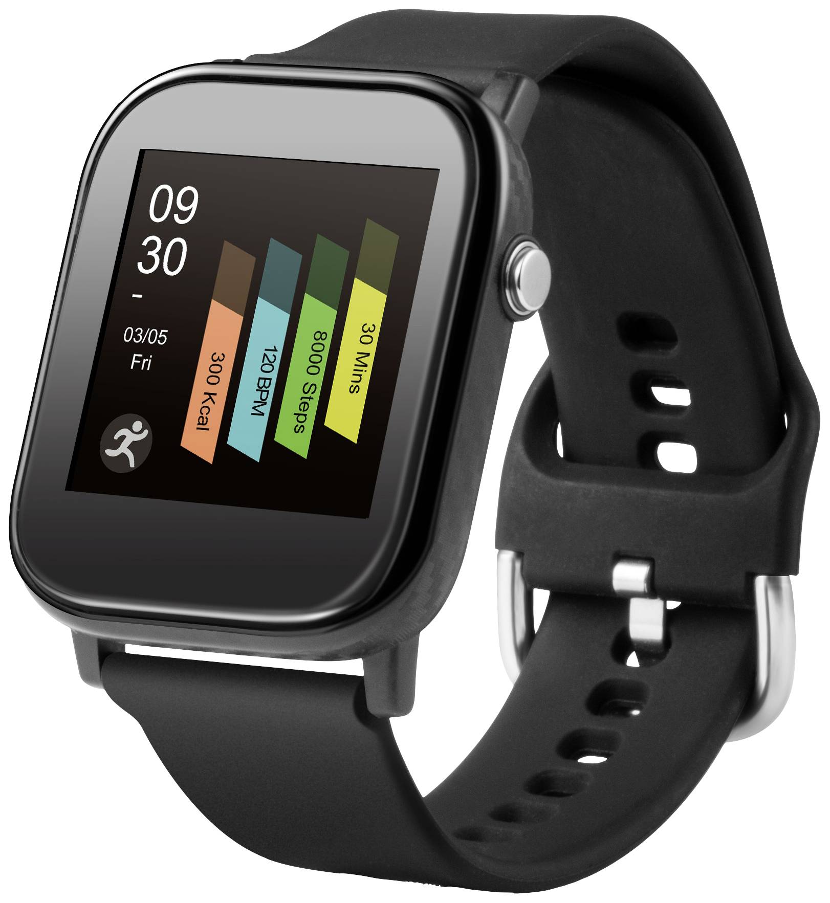 Czarny smartwatch z prostokątnym wyświetlaczem pokazuje godzinę '09:30', datę '03/05', dzień tygodnia 'Pt', liczbę kroków, tętno i aktywność.