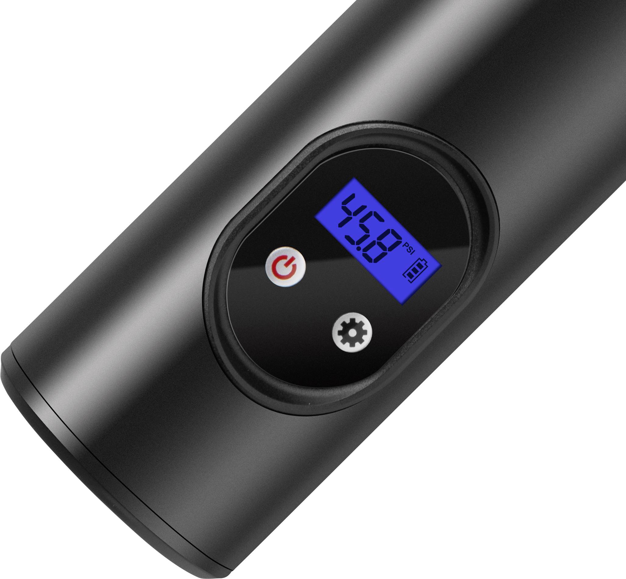 Elektryczna pompka powietrzna w kolorze czarnym z cyfrowym wyświetlaczem pokazującym '4.58'. Posiada przyciski włączania/wyłączania oraz ustawień.
