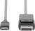 Kabel USB-C do DisplayPort, przedstawiające oba typy wtyczek; po lewej stronie wtyczka USB-C, po prawej stronie DisplayPort. Służy do łączenia urządzeń do przesyłania obrazu.