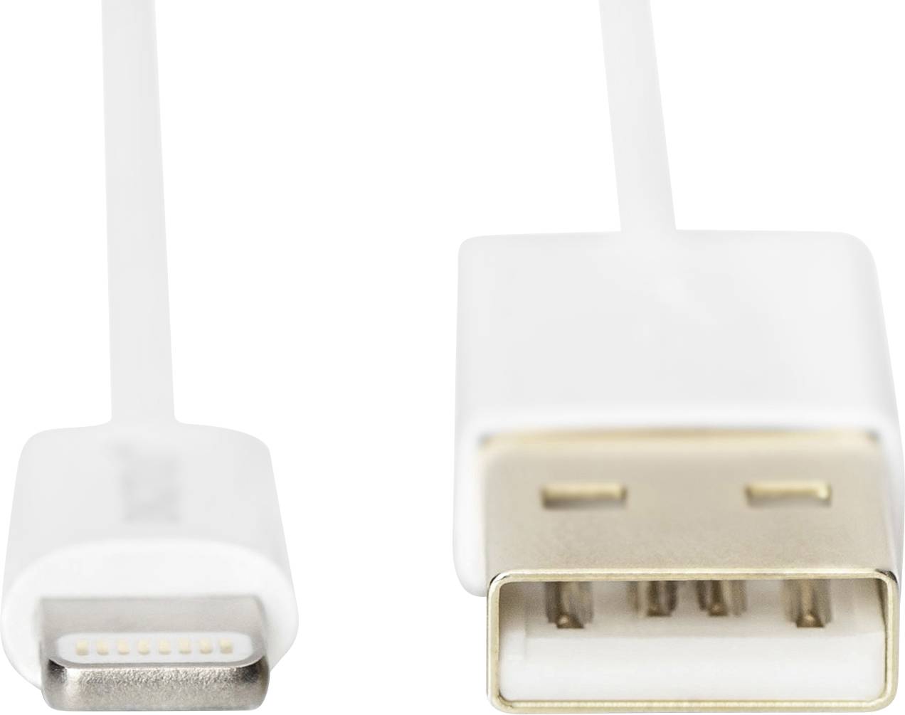 Biały kabel z wtyczkami Lightning i USB, przeznaczony do ładowania i przesyłania danych między urządzeniami Apple a komputerami.