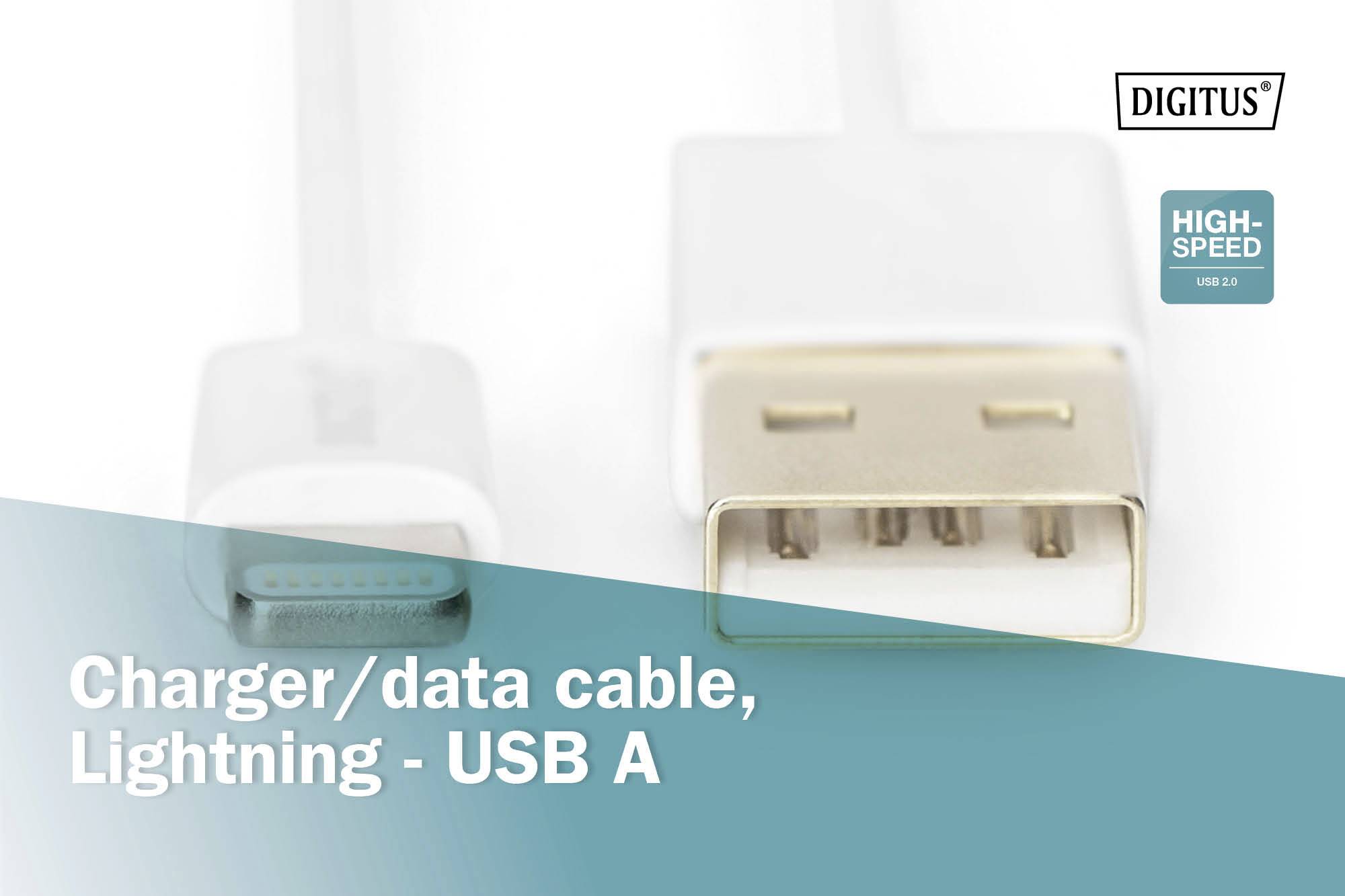 Kabel do ładowania/transmisji danych, Lightning - USB A w kolorze białym. Po lewej wtyk Lightning, po prawej wtyk USB-A. Na górze logo 'DIGITUS'.