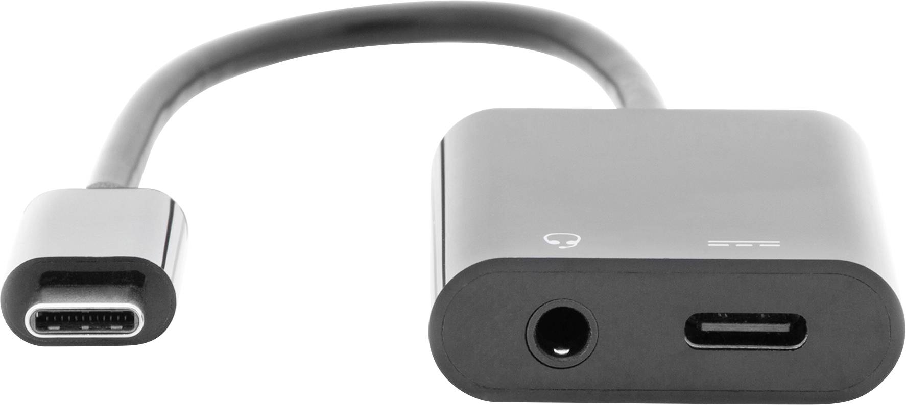 Adapter USB-C z portami: gniazdo słuchawek i port ładowania.