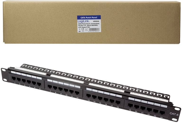 Panel krosowy z 12 portami Ethernet i polami do opisywania, przeznaczony do kabli CAT-6, prezentowany na tle brązowego opakowania.